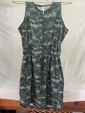 Kyodan Green Camo Zip-Front Drawstring Dress